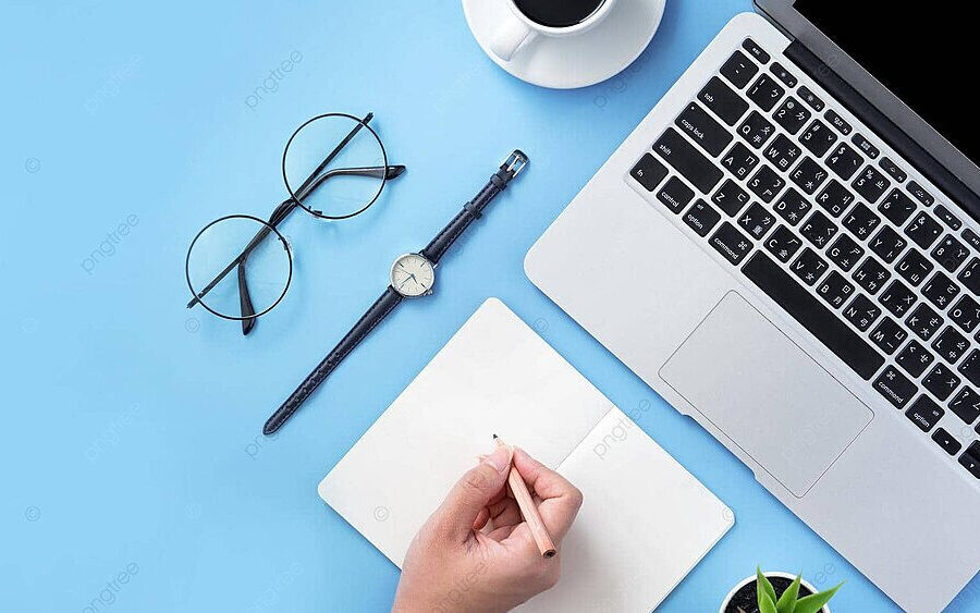 pngtree-minimal-blue-desk-with-girl-writing-and-laptop-accessories-photo-image_38869118